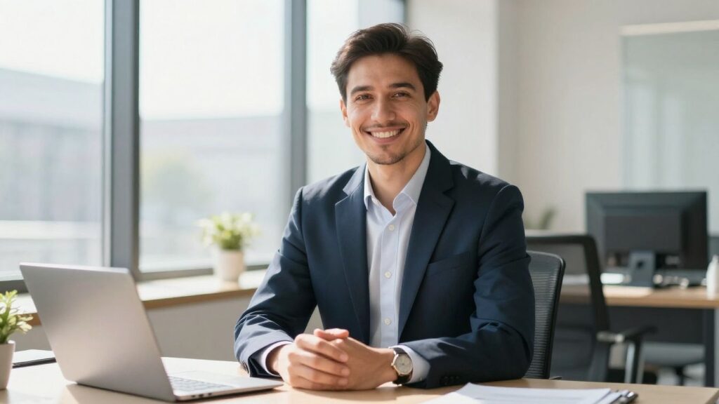 European lawyer in a bright office smiling.