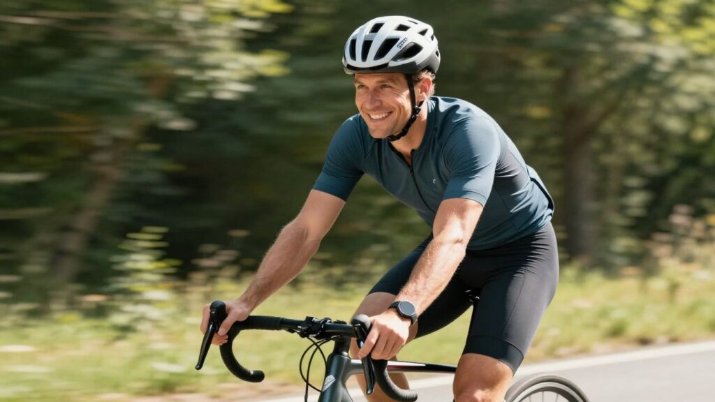 Smiling cyclist with bicycle in bright outdoor setting.
