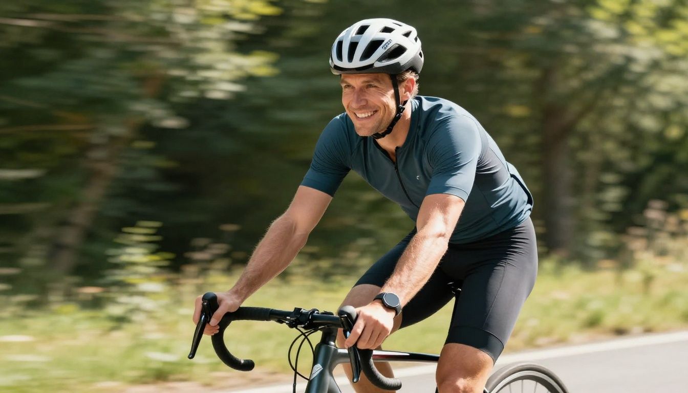 Smiling cyclist with bicycle in bright outdoor setting.