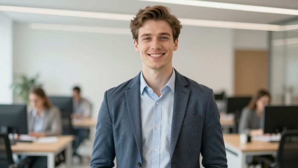 Young European professional smiling in a bright office.