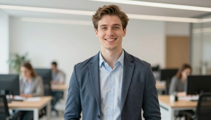 Young European professional smiling in a bright office.