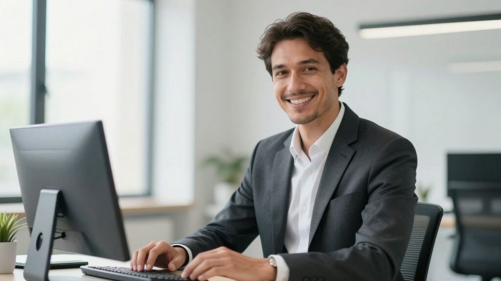 Smiling European businessman in a bright, modern office.