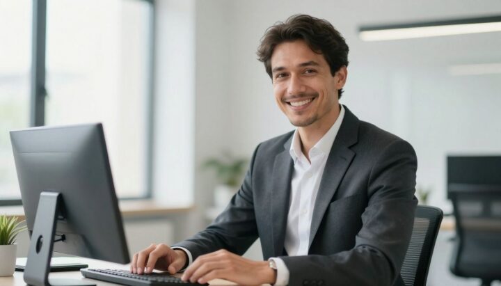 Smiling European businessman in a bright, modern office.