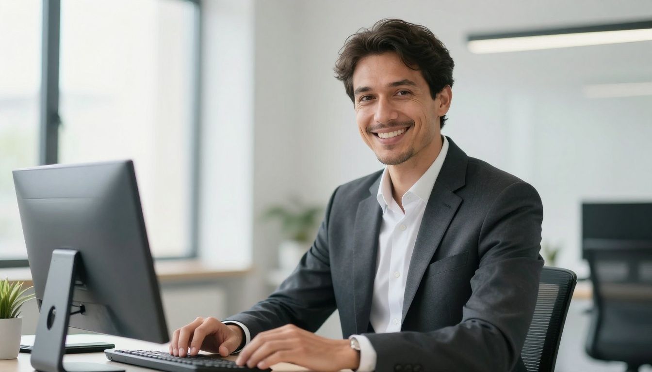 Smiling European businessman in a bright, modern office.