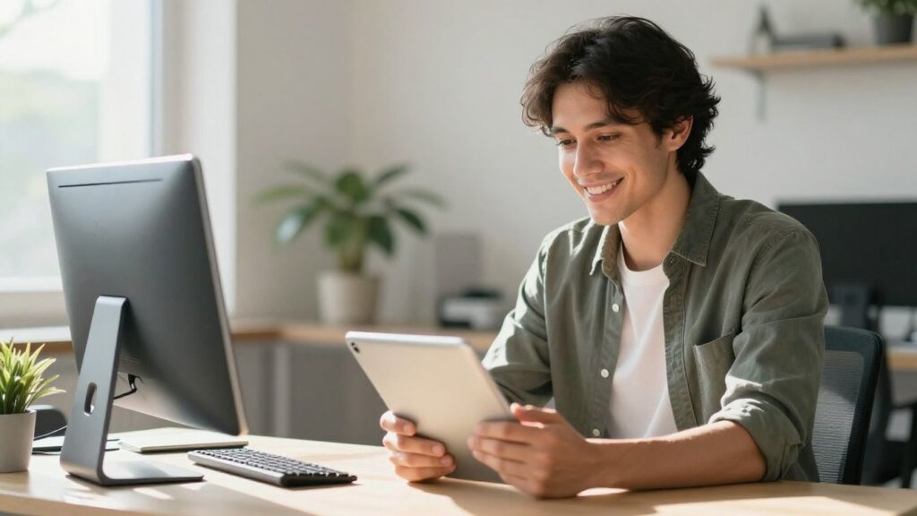 European customer smiling with a tablet in a bright office.