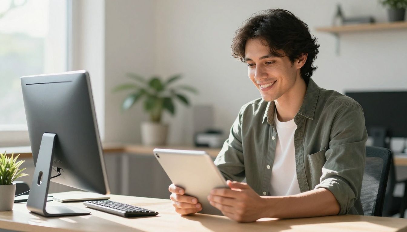 European customer smiling with a tablet in a bright office.