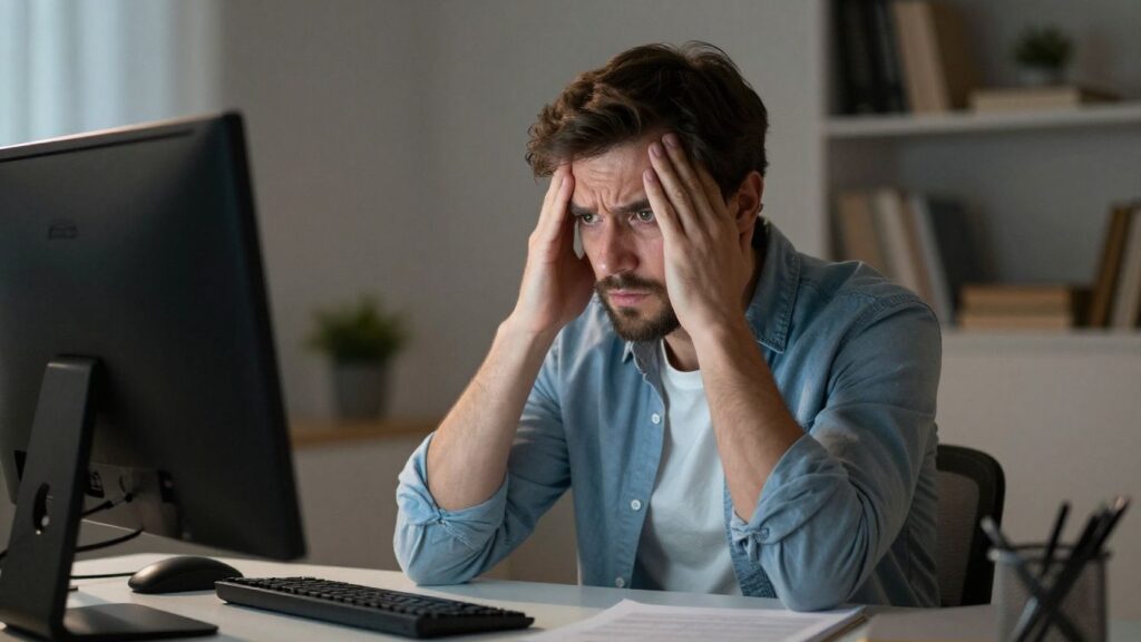 Worried man at computer, financial concern