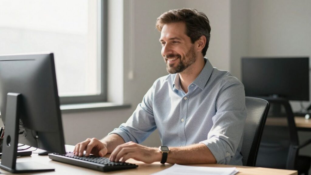 Smiling man in an office during his final working phase.