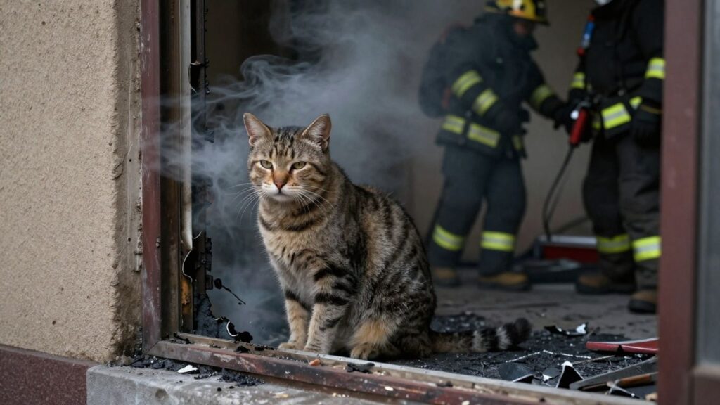 Katze vor verbranntem Wohnungsfenster, Feuerwehr im Hintergrund.