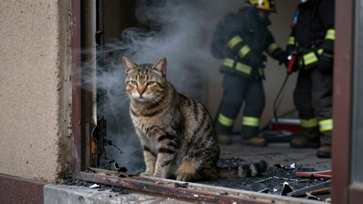 Katze vor verbranntem Wohnungsfenster, Feuerwehr im Hintergrund.
