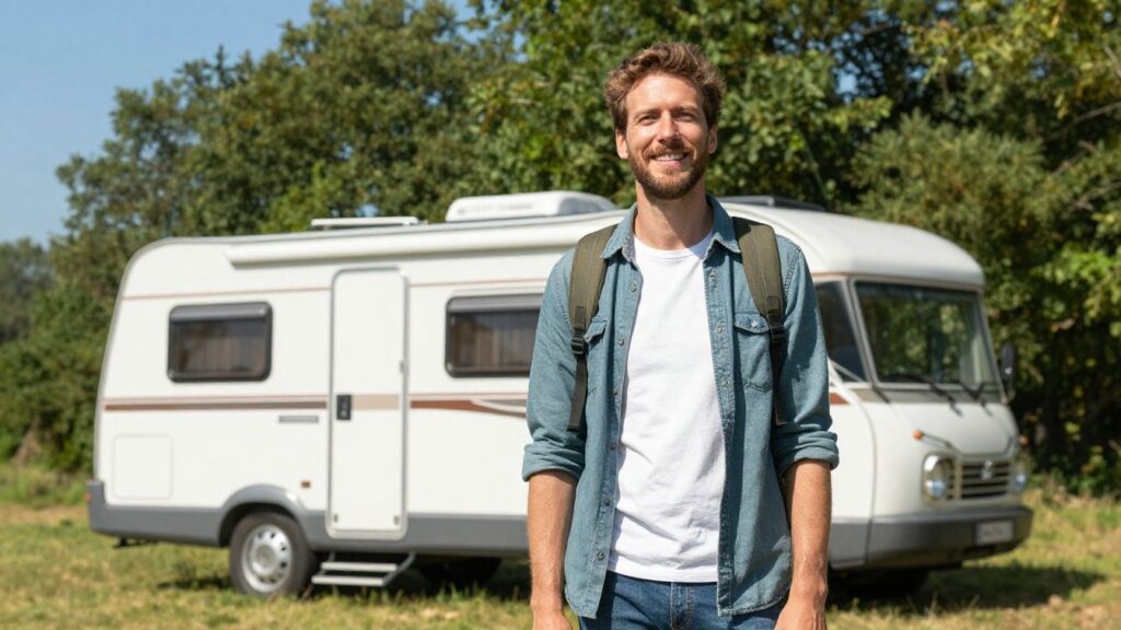 European camper smiling outdoors with camper van in background.