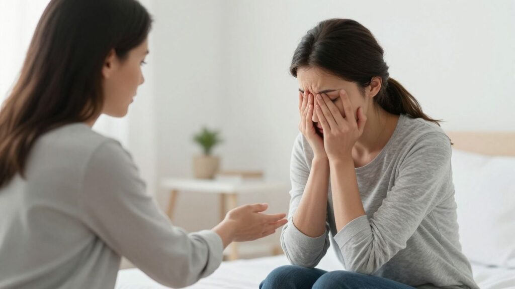 European woman receiving support in a bright room.