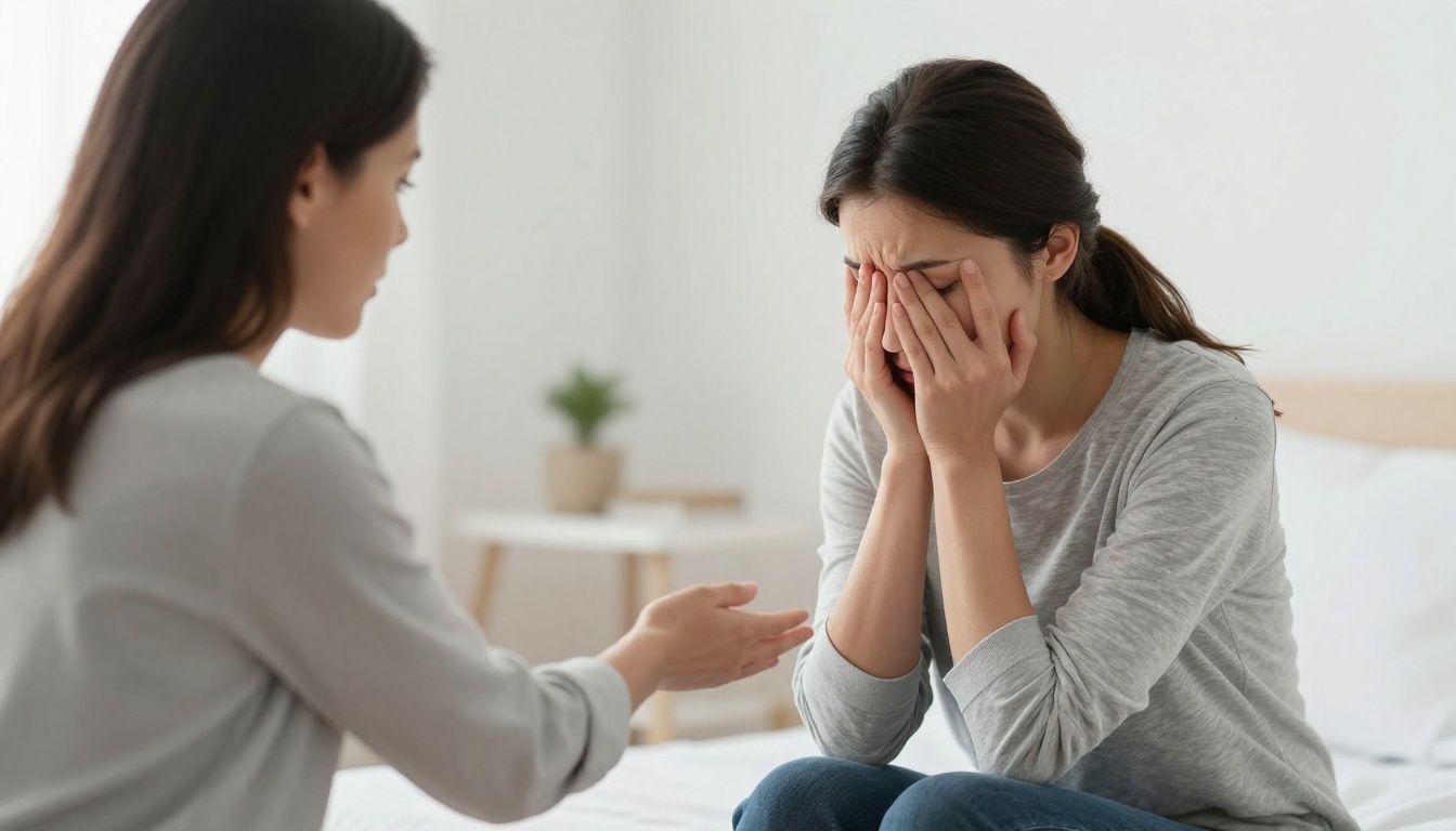 European woman receiving support in a bright room.