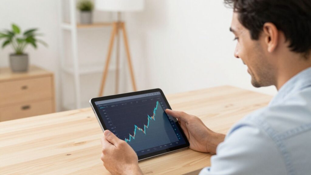 Man smiling, looking at tablet with financial growth visuals.