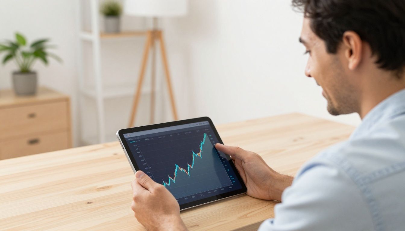 Man smiling, looking at tablet with financial growth visuals.