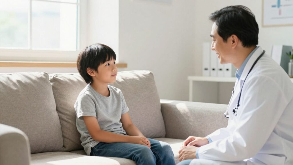 Arzt lächelt Kind in hellem Therapieraum an.