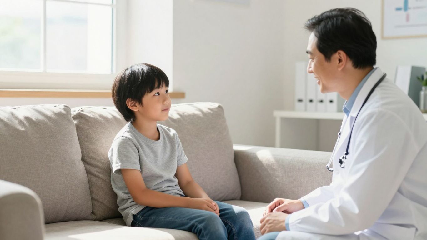 Arzt lächelt Kind in hellem Therapieraum an.