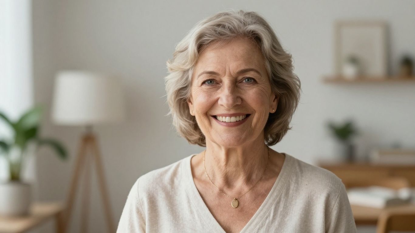 Lächelnde Seniorin in hellem Raum