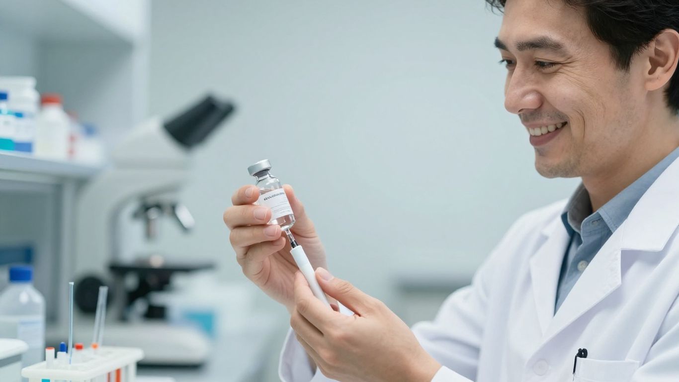 Arzt lächelt mit medizinischem Werkzeug in heller Umgebung.