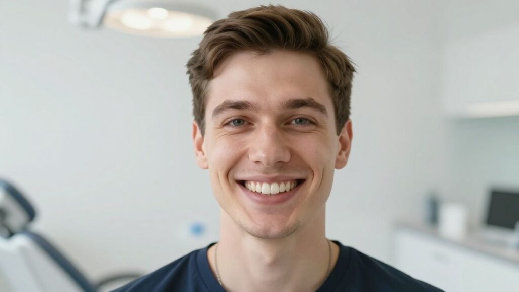 Lächelnde Person mit gesunden Zähnen in heller Umgebung.