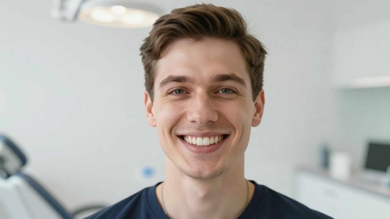 Lächelnde Person mit gesunden Zähnen in heller Umgebung.