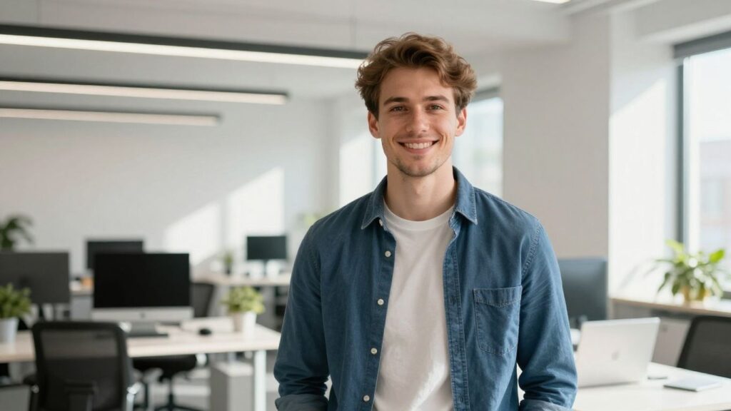 Lächelnde Person in hellem Büro