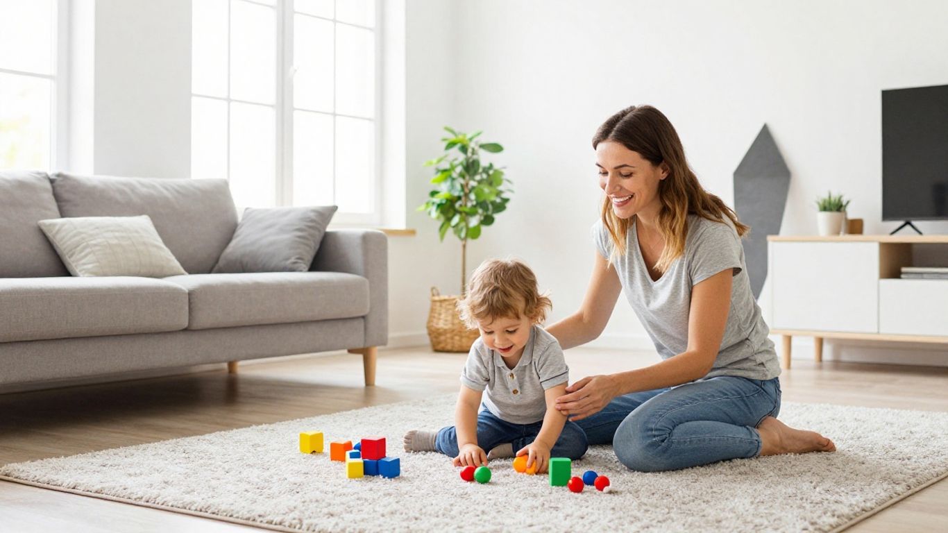 Europäische Mutter und Kind glücklich im modernen Wohnzimmer