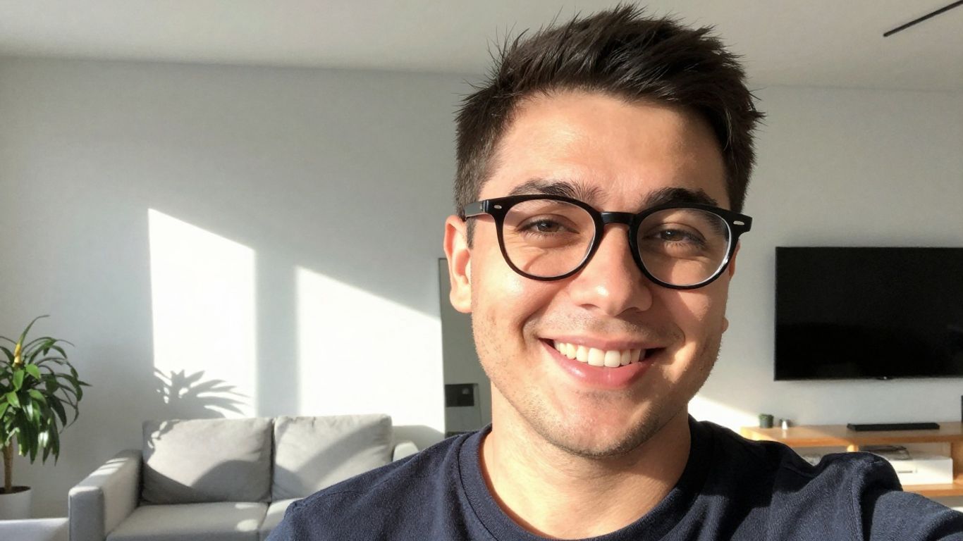 Lachende Person mit Brille im hellen Raum