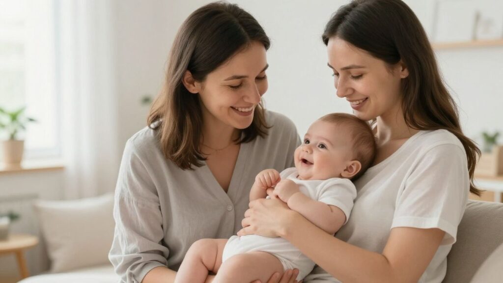 Elternteil hält glückliches Baby in hellen Räumen.