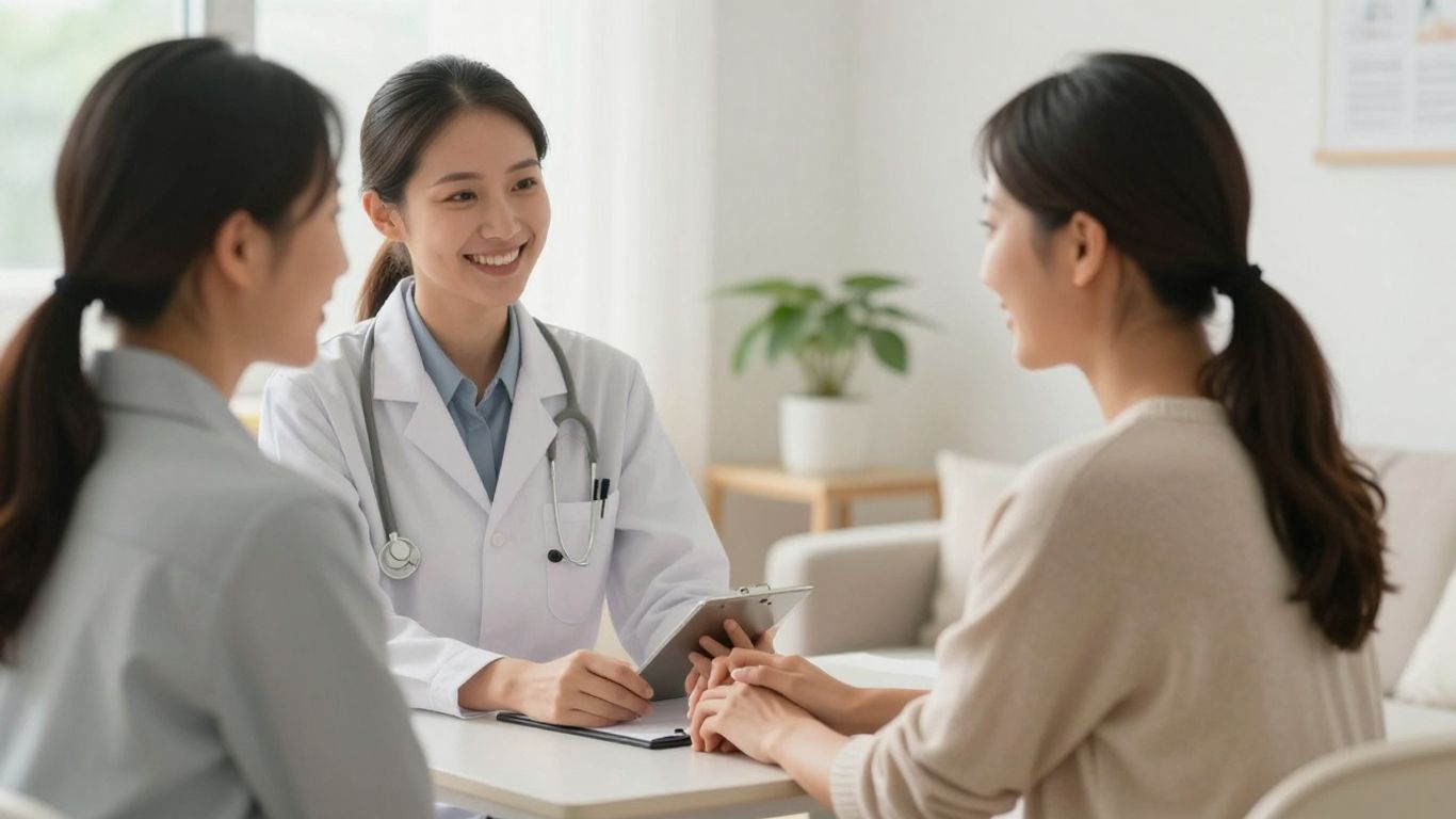Arzt lächelt, Patientin hält Hand, helle Praxis