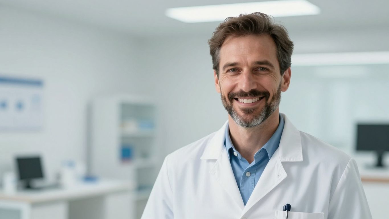 Arzt lächelt in heller Klinikumgebung