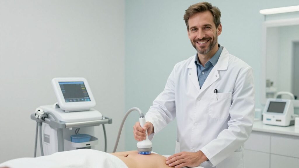 Arzt bei Kryolipolyse-Behandlung am Bauch