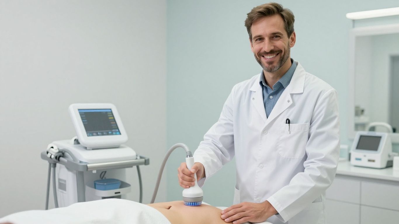Arzt bei Kryolipolyse-Behandlung am Bauch