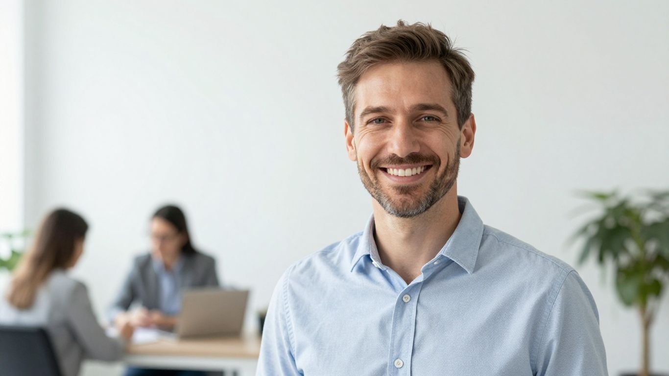 Lächelnde Person in hellem, modernem Umfeld