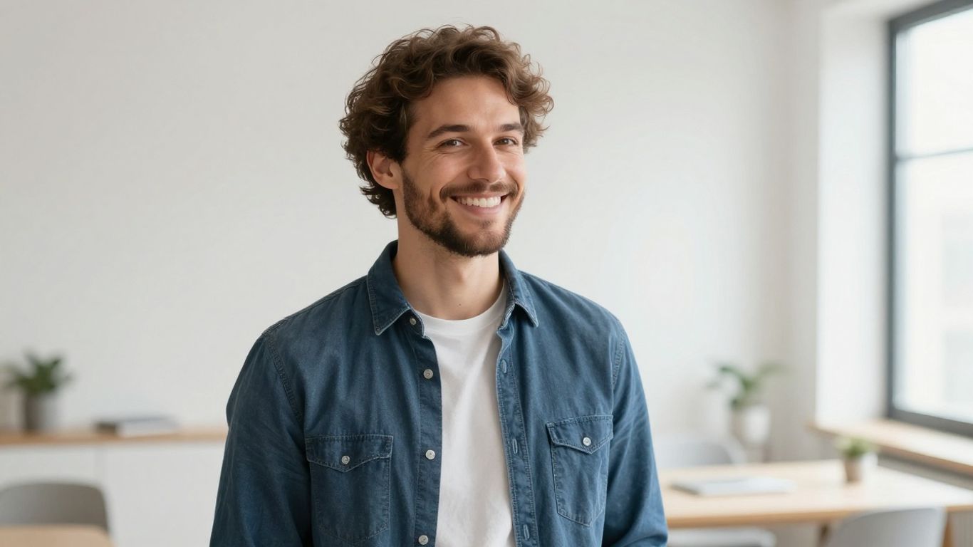 Lächelnde Person in hellem, modernem Raum