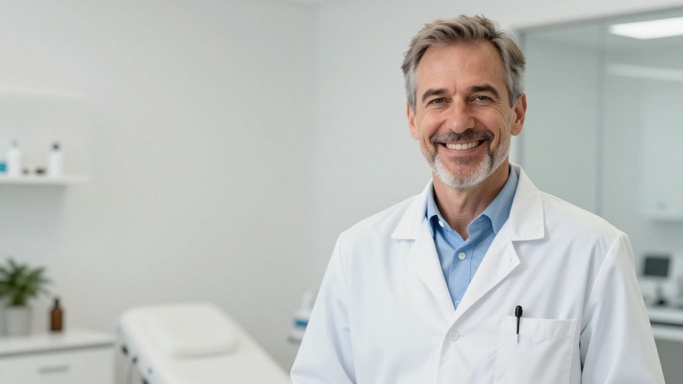 Arzt lächelt in heller, moderner Klinikumgebung.
