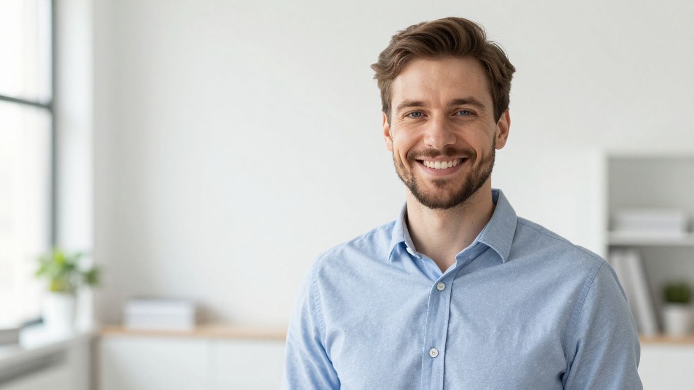 Lächelnde Person in hellem, modernem Raum