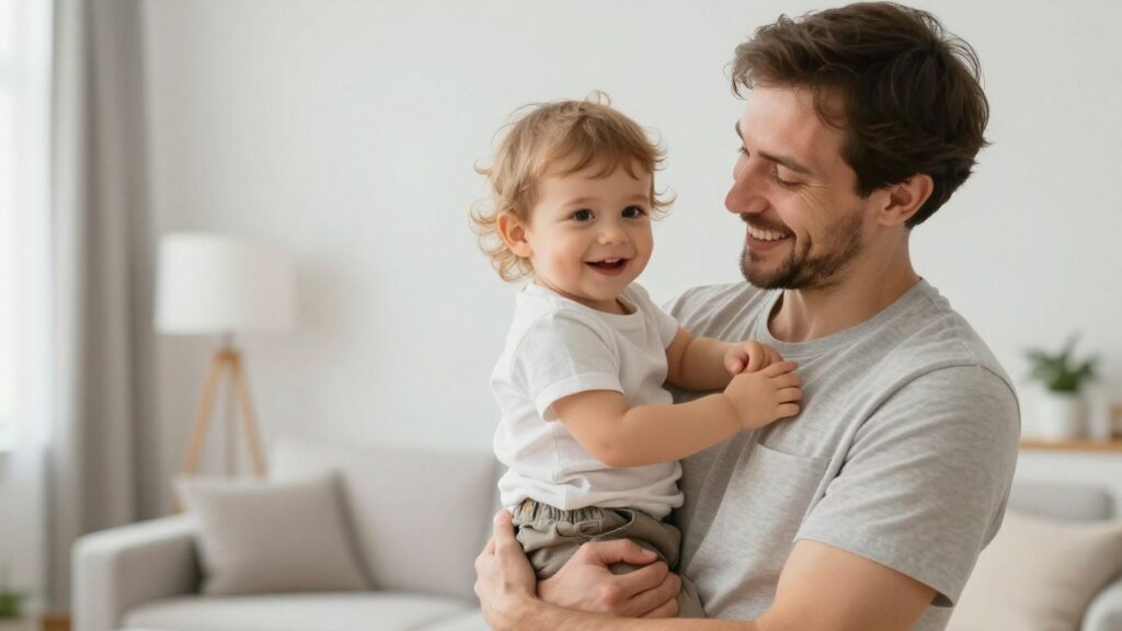 Glückliche Familie in hellem Wohnzimmer