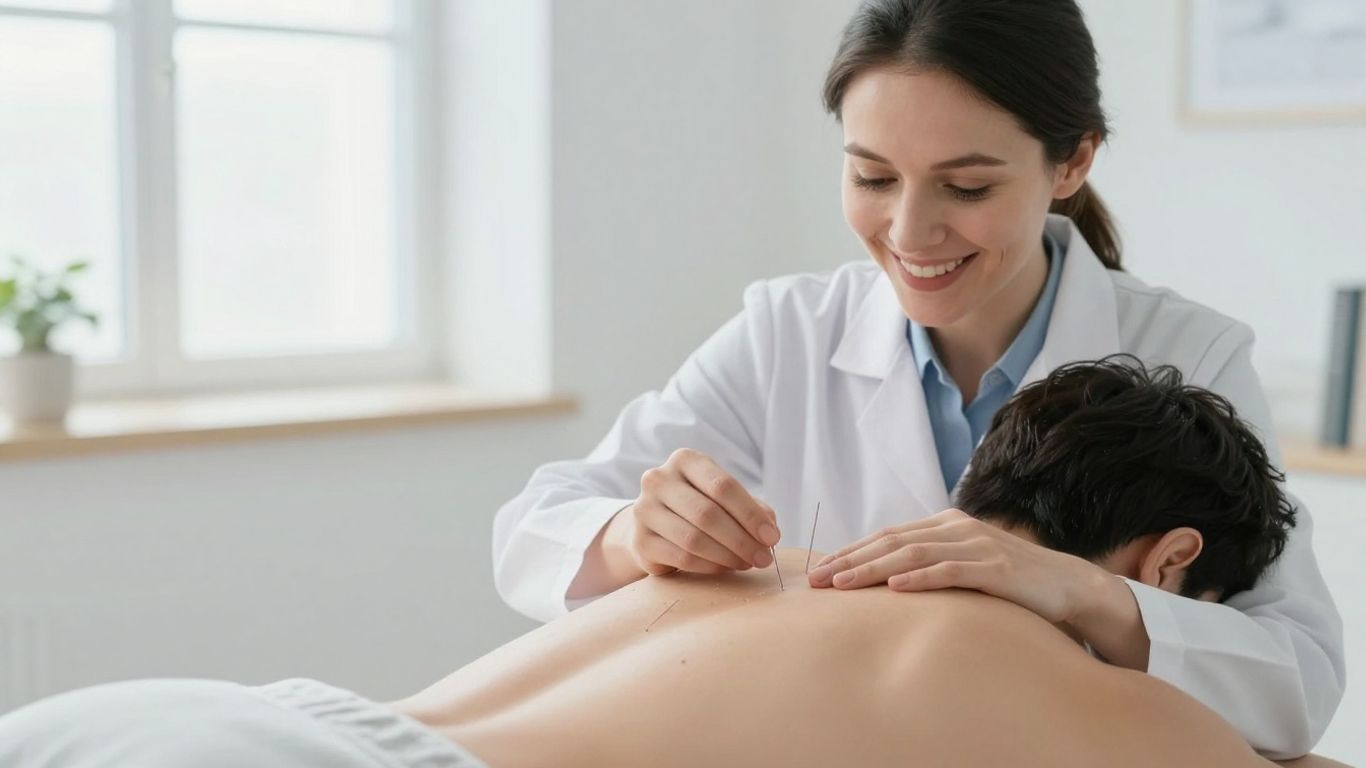 Arzt platziert Akupunkturnadeln bei einem Patienten.