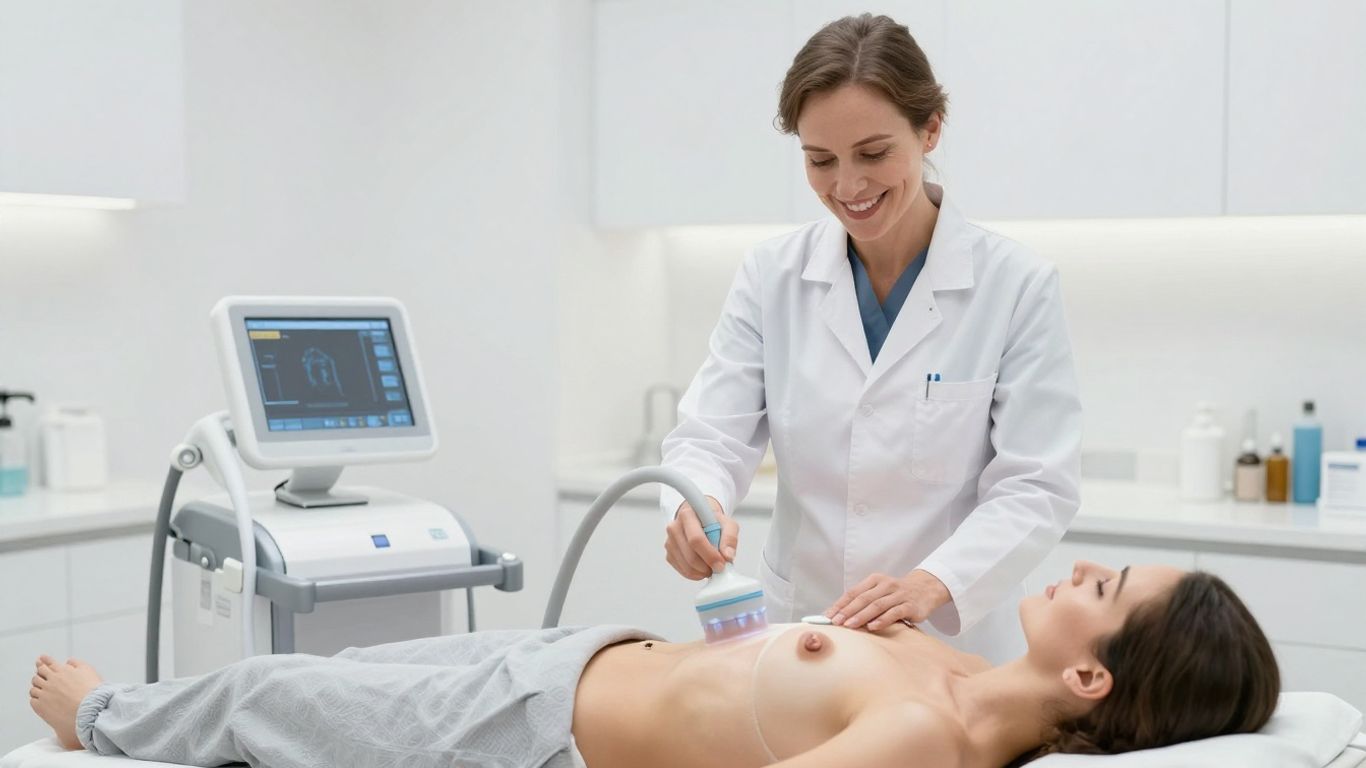 Arzt lächelt neben Kryolipolyse-Behandlung