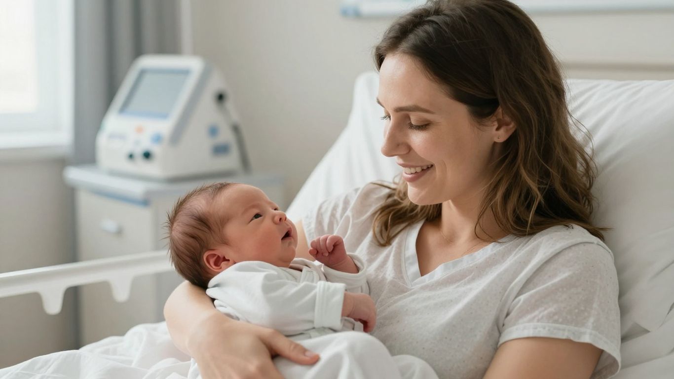 Europäische Frau mit Baby im Arm