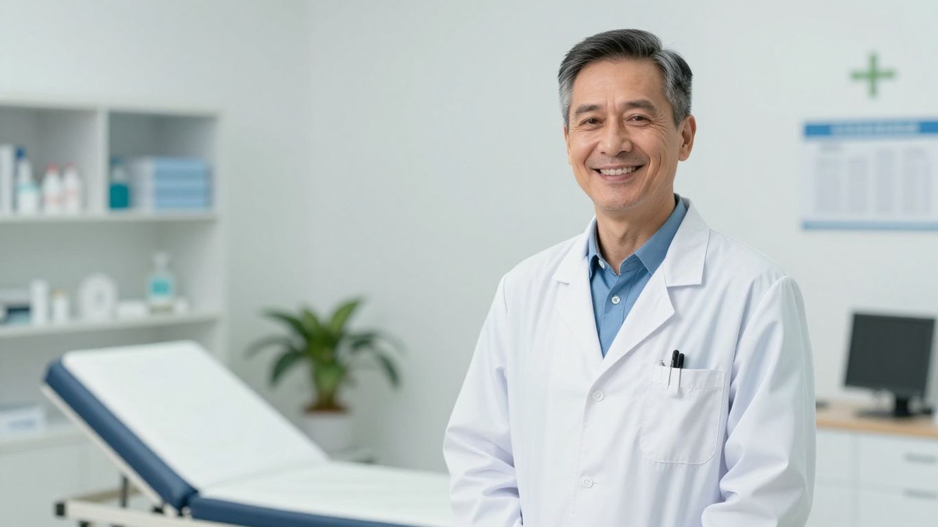 Arzt lächelt in heller Umgebung nach Transplantation