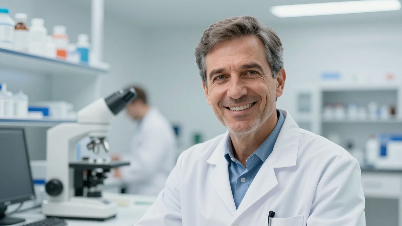 Arzt lächelt im Labor mit medizinischem Hintergrund