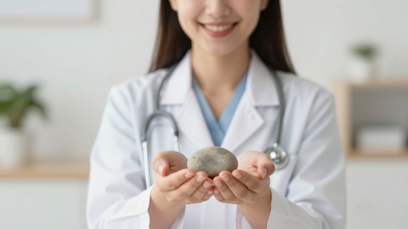 Arzt lächelt, hält einen Stein für physikalische Therapie.