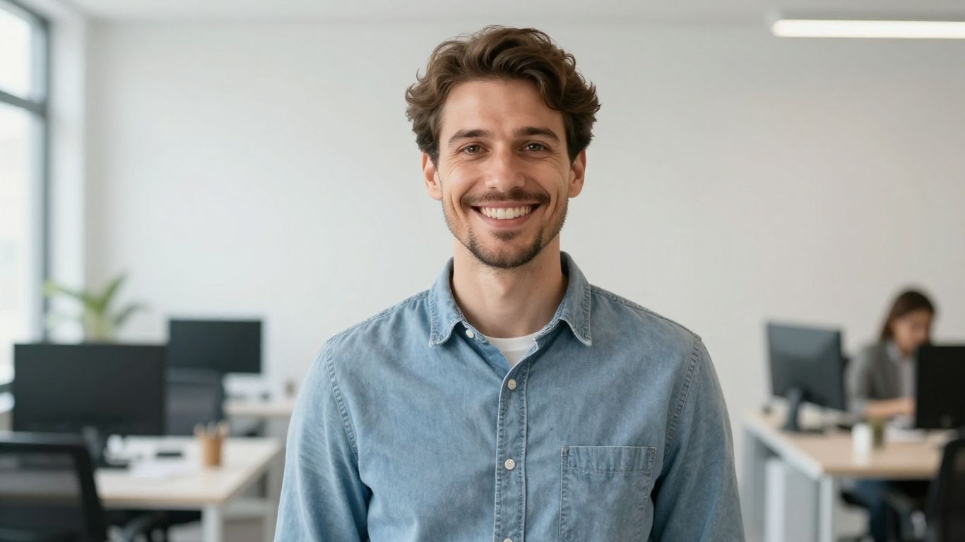 Lächelnde Person in hellem, modernem Umfeld