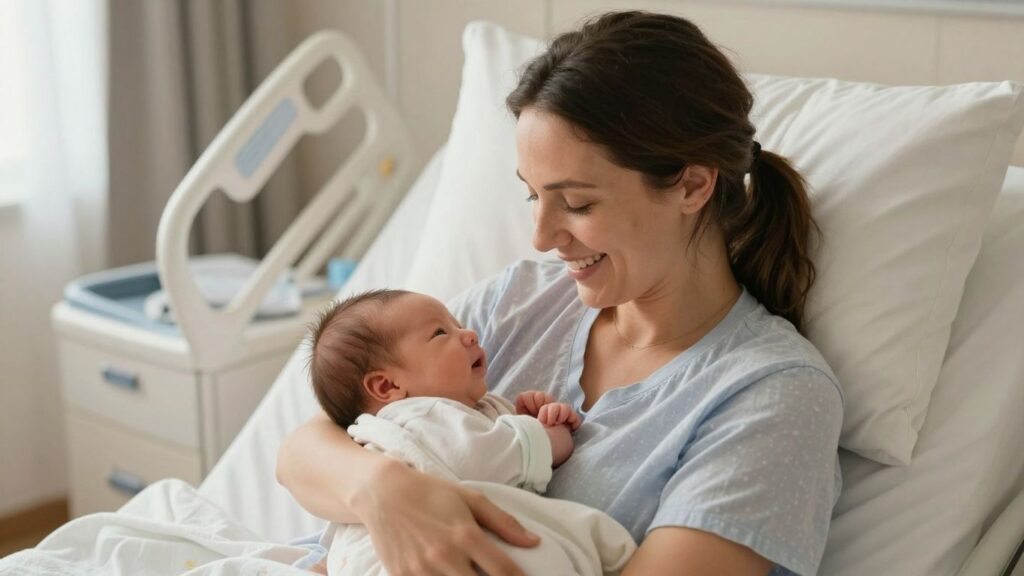 Glückliche Mutter mit Neugeborenem im Arm