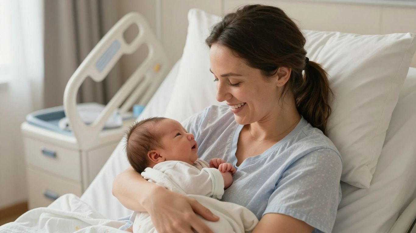 Glückliche Mutter mit Neugeborenem im Arm