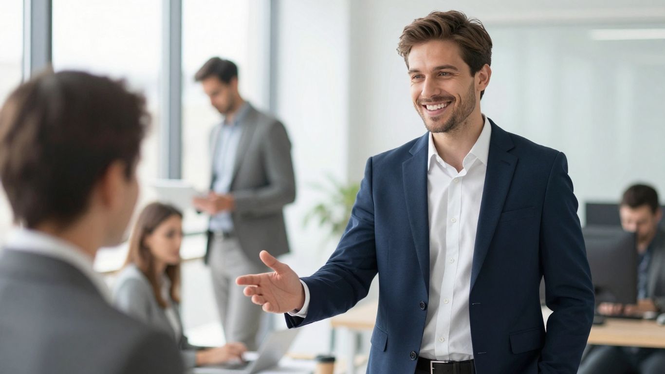 Unternehmer lächelt in hellem Büro