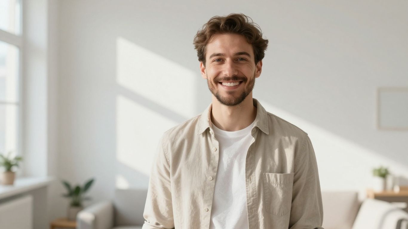Lächelnde Person in hellem, modernem Umfeld