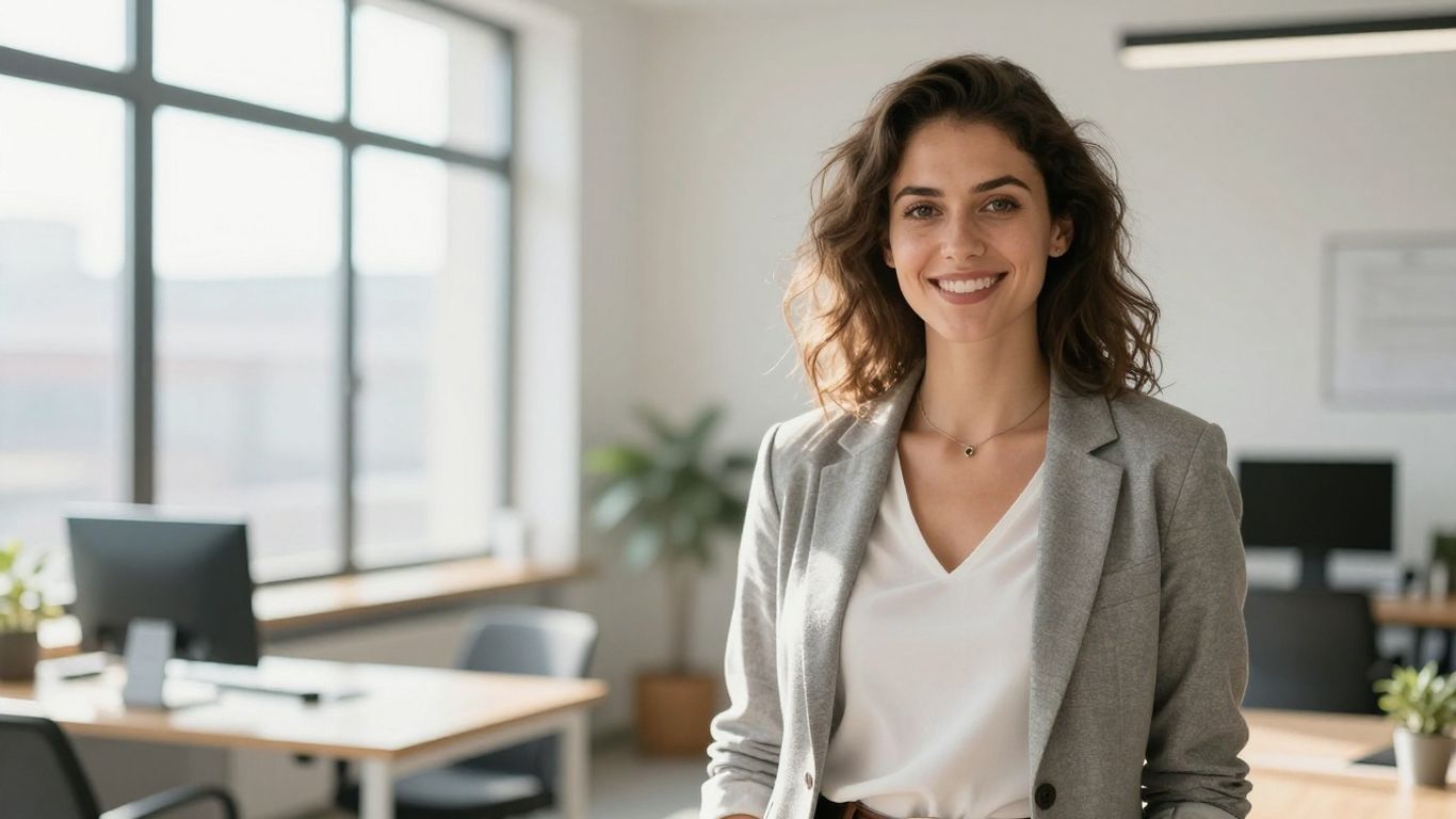 Junge Frau lächelt in hellem Büro